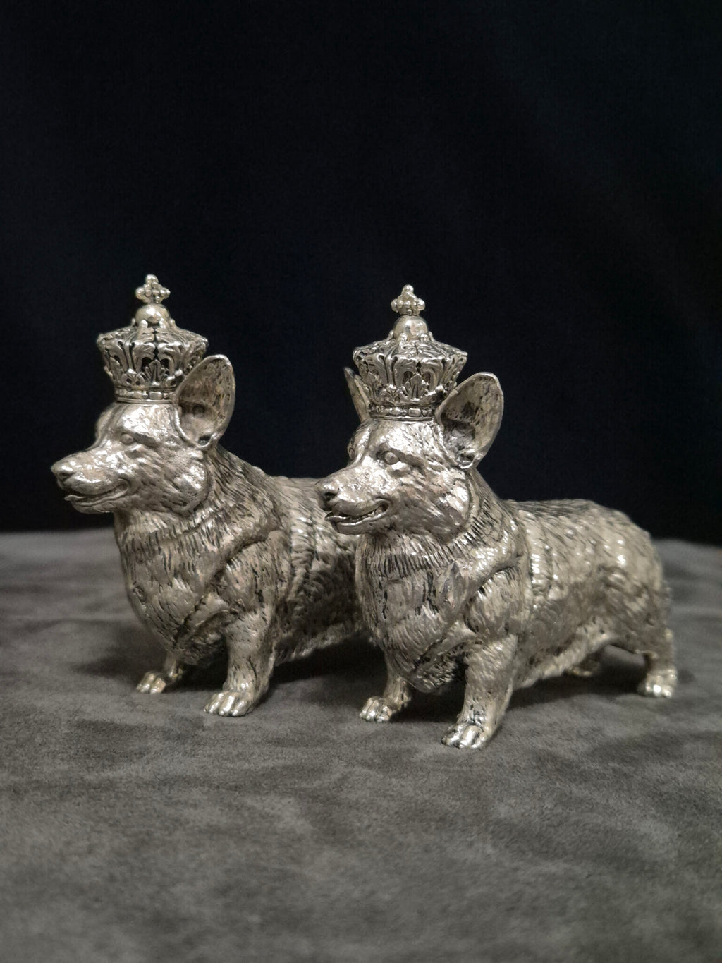 Pair of Vintage Continental Silver Royal Corgi Crown-Top Scent Bottles