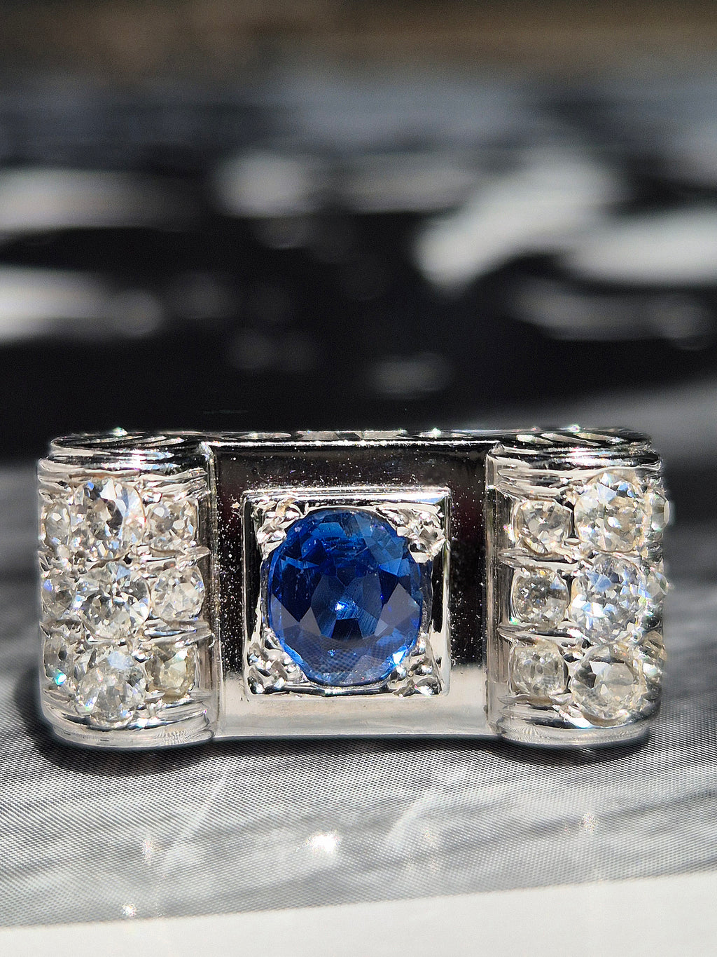 1940's Tank Ring 14K White Gold Sapphire & Diamond